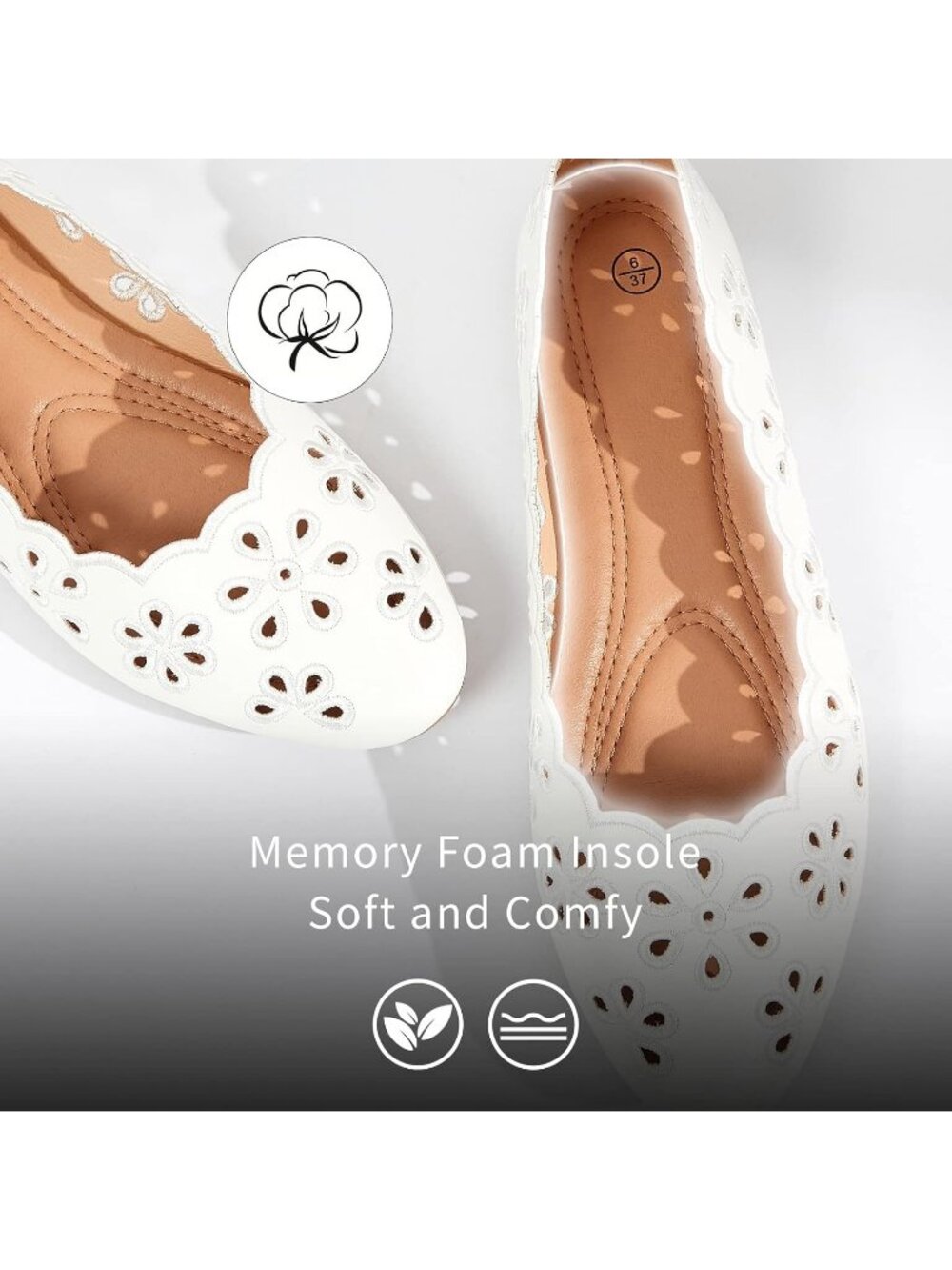 Women's Ballet Flats White PU Leather Shoes Comfortable Round Toe Slip on - Picture 6 of 6